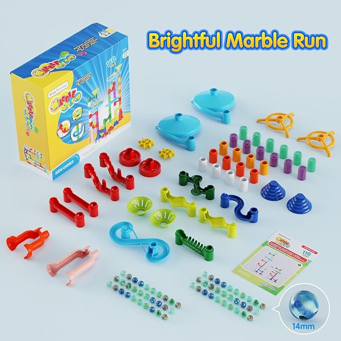 Marble Run Toy, 110pcs Marble Maze Kit STEM Educational Learning Toy for Kids, Mable Race Construction Railway Building Blocks with 60 Marbles Birthday Gift for Boys Girls 3 4 5 6 7 8 + Years Old