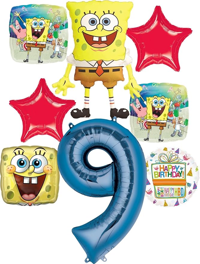 Spongebobs 9th Birthday Party Supplies 8pc Foil Balloons Bouquet Decorations