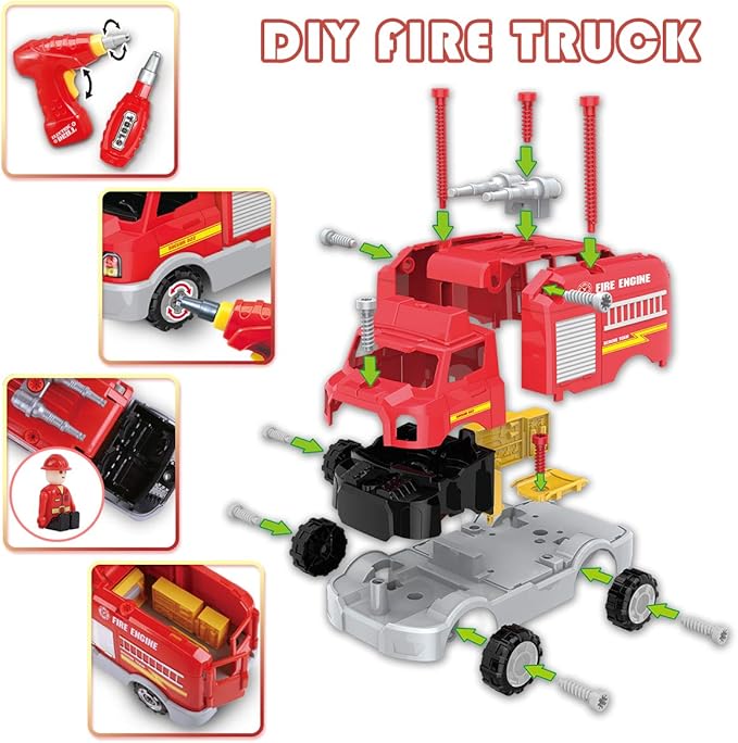 REMOKING DIY Assembly Fire Truck, Educational Playset with Power Drill, Realistic Sounds & Lights (3+)