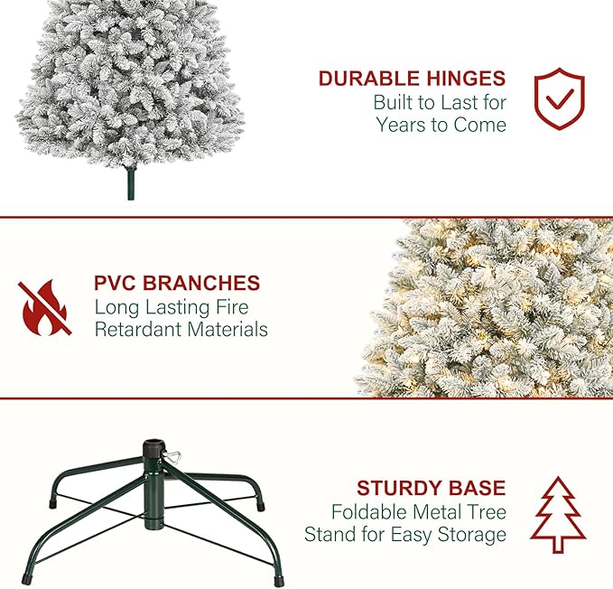 Hykolity 6ft Pre-lit Snow-Flocked Christmas Tree, Artificial Holiday Christmas Tree with 250 Warm White Lights, 1032 Branch Tips, Hinged Design & Metal Base