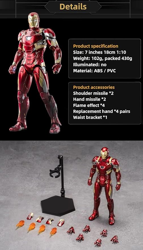 7 Inch MK46Ironman(1/10 Scale) Action Figure with Lots of Accessories,Exquisite Painting Collectible Toy