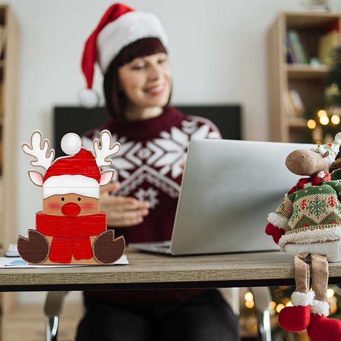 Britimes 4 Pcs Christmas Reindeer Table Decor Christmas Tiered Tray Decorations Set Red Nose Reindeer with Scarf Block Signs Gift Rustic Farmhouse Tabletop Decor for Table & Home Office
