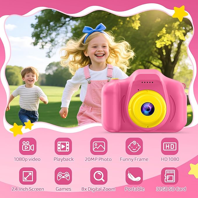 Desuccus Kids Camera for Girls 3-12, 1080P HD Digital Camera with 32GB SD Card - Toddler Camera, Christmas Birthday Gift Toys for 4 5 6 7 8 9 10 11 Year Old Girls (Pink)