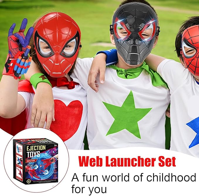 Superhero Spider Web String Launcher Slinging Toy Set, Includes 2 Web Shooters, 2 Gloves, 2 Hero Masks and 1 Cape, Ideal for Kids Indoor Outdoor Imaginative Role-Playing