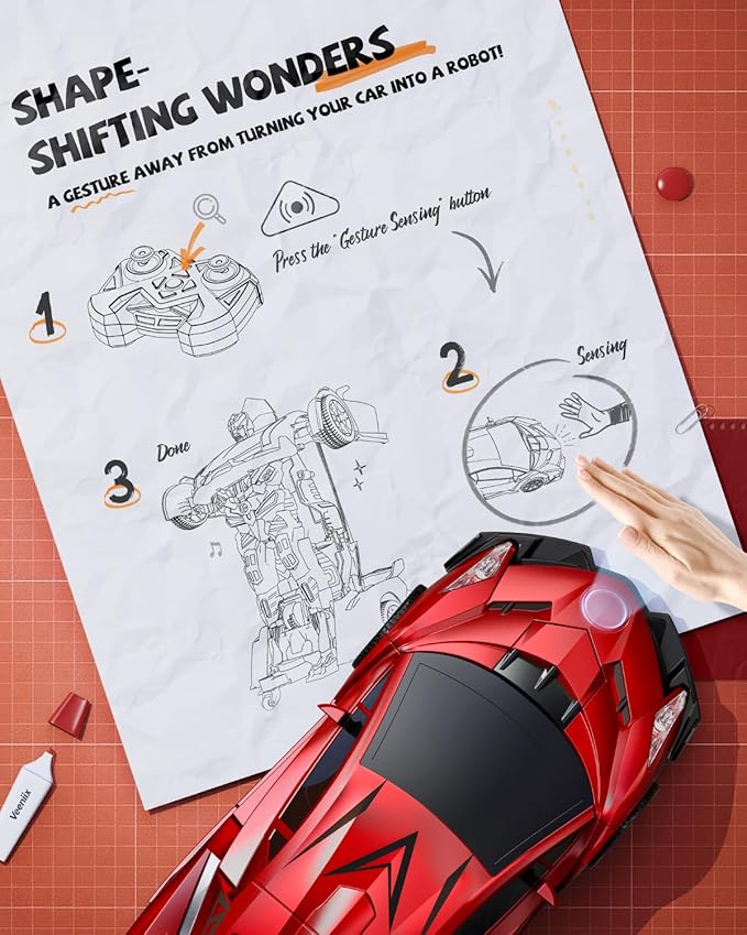 V992 Transform Remote Control Car,Transform Robot RC Cars,1:14 Scale,2-in-1 Robot Toy Car with Sound & Light,Gesture Sensing,Automatic Deformation,Great Gifts Toys for Boys and Girls 4-6 (Red)