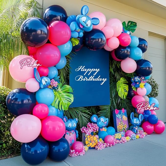 Navy Blue Pink Balloon Garland Double Stuffed Dark Blue Hot Pink Silver Balloons Royal Pastel Balloon Arch Kit for Birthday Gender Reveal Baby Shower Graduation Hawaii Party Decorations
