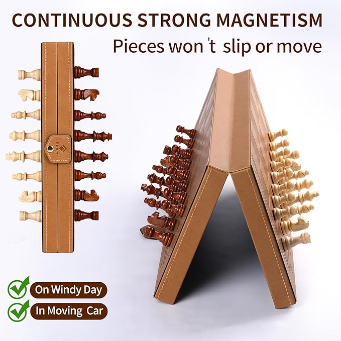 2 in 1 Magnetic Chess Set & Checkers Board Game, 15" Handmade Folding Chess Board, Portable Travel Chess Set, Beginner Chess Board Game for Adults & Kids (15 Inch)