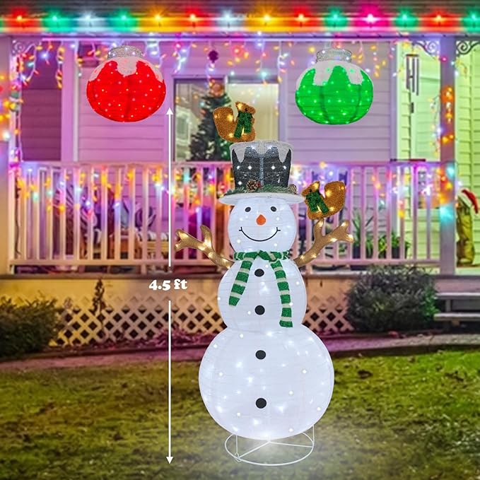 Outdoor Snowman Lighted, Pop-Up Lighted Snowman Outdoor Christmas Decorations Prelit 120 LED Lights Plug-in, Collapsible Light Up Snowmen with Squirrels Pine Cone Home Balcony Porch Yard Decor-Green