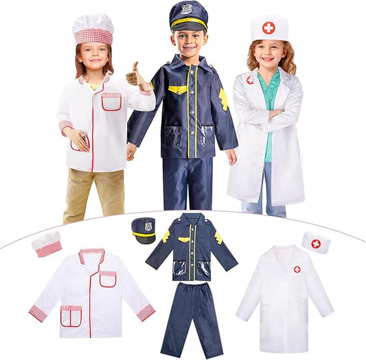 LOYO Kids Role Play Dress Up Clothes for 3-8 Years Old Play, 3 Sets Policeman/Chef/Doctor Costume for Kids And Toddlers Boys and Girls Halloween Costumes