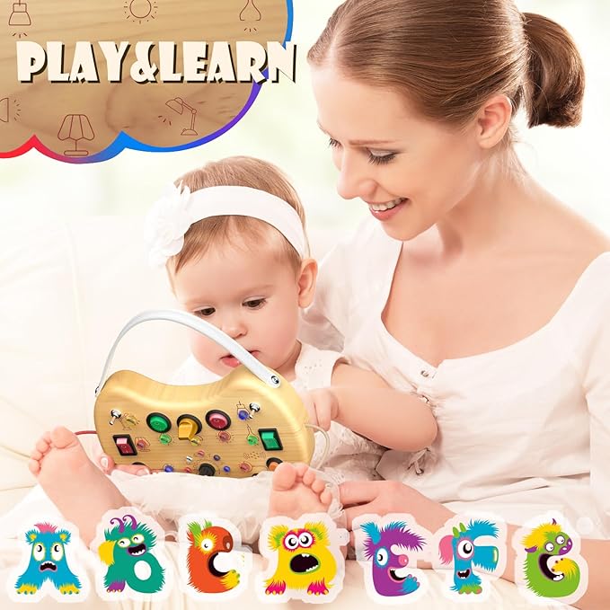 Montessori Wooden Busy Board for Toddlers with LED Light Lights & Switches,Portable Activity Board for Car & Airplane Travel Toys, Christmas & Birthday Gift for 1-3 Year Old Boys & Girls