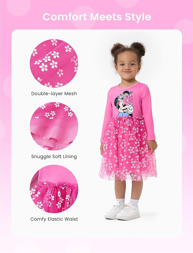 Disney Frozen Elsa Princess Cinderella Ariel Jasmine Rapunzel Baby/Toddler Dress, Ruffle Long-Sleeve Mesh Overlay Tulle Dress