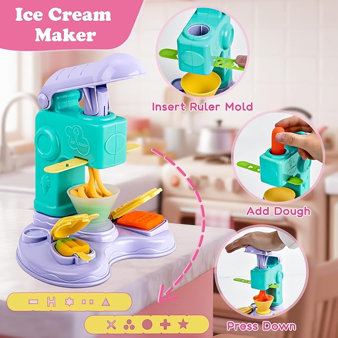 93 PCS 4 in 1 Dough Sets for Kids Ages 3-4-8, Art Crafts Dough Tools Kit, Dinosaur Dentist Playset, Ice Cream, Mooncake Maker Machine, Dessert Rack, Kitchen Creations Food Play Toys Boys Girls
