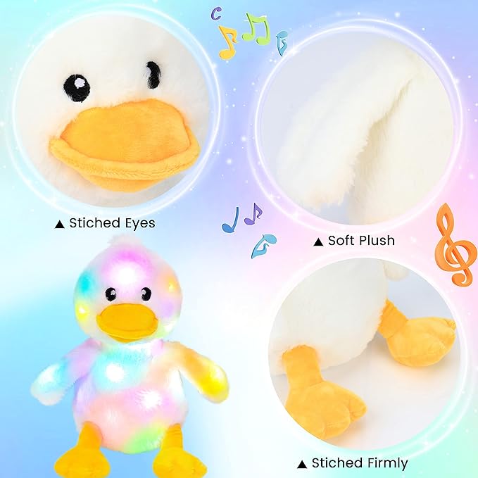 Hopearl LED Musical Stuffed Duck Lighting Up Singing Duckling Plush Toy Adjustable Volume Lullaby Animated Soothe Birthday Gifts for Kids Toddler Girls, White, 11''