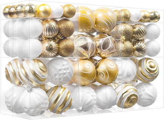 100Pcs Christmas Ball Ornaments Set, Shatterproof Plastic Gold and White Christmas Ornaments for Xmas Tree, Assorted Baubles Hanging Decorations for Holiday/Party/Wedding