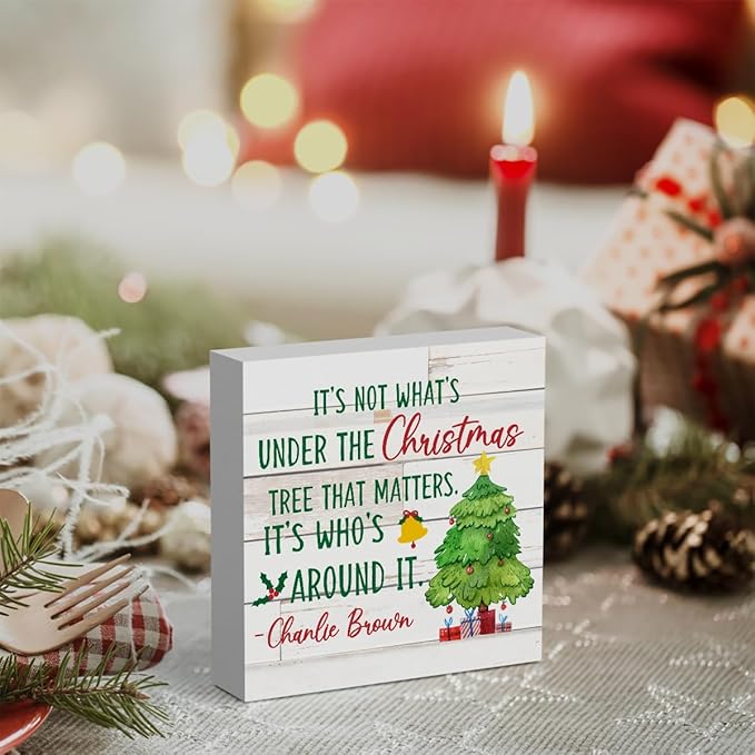 It's Not What's Under The Christmas Tree That Matters Christmas Decor Farmhouse Christmas Santa Artwork Decor, Wood Square Sign Desk Block Signs Home Shelf Office Decoration 5 x 5 Inches
