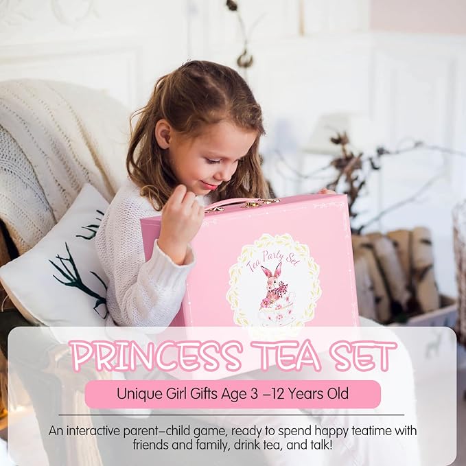 Porcelain Tea Set for Girls, Tea Party Set for Little Girls, Kids Tea Set Kitchen Pretend Play, Princess Tea Time Playset with Teapot Cups Carry Case, Toddler Girl Toys Birthday Gifts Age 3+