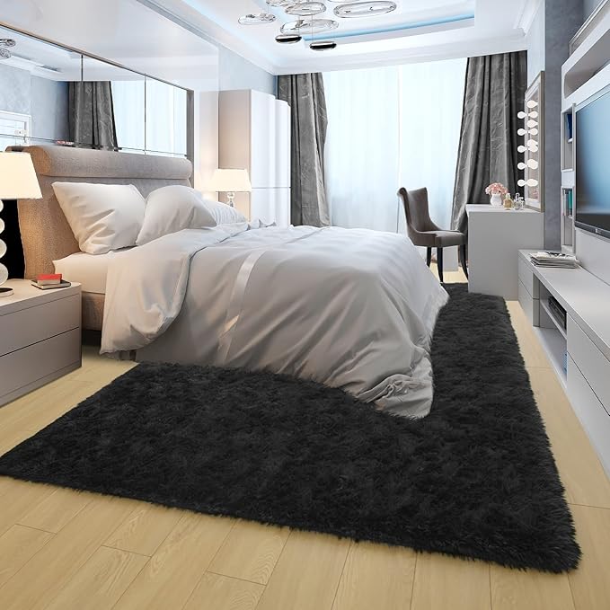 Ompaa 9x12 Area Rug Black Fluffy Living Room Large Carpet for Bedroom Dorm, Non-Slip High Pile, Modern Big Shag Rug for Classroom Kids Playroom Nursery Home Office Decor