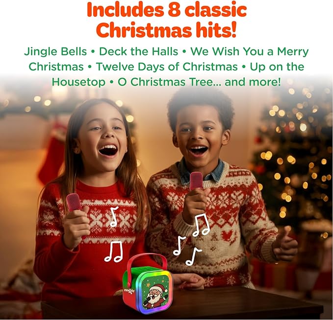 Move2Play, Christmas Karaoke Machine | Includes 8 Christmas Songs | Includes 2 Microphones | Bluetooth Wireless Music Player | Holiday Toy for Girls & Boys | Stocking Stuffer Idea