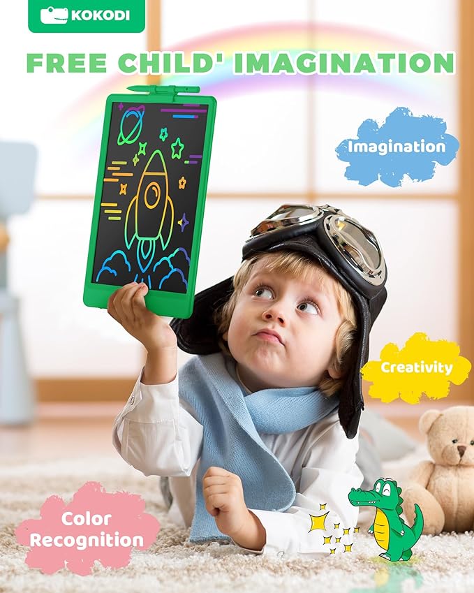KOKODI LCD Writing Tablet, 10 Inch Colorful Toddler Doodle Board Drawing Tablet, Erasable Reusable Electronic Drawing Pads, Educational and Learning Toy for 3-6 Years Old Boy and Girls(Green)