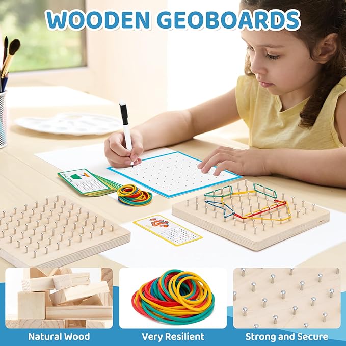 2Pack Wooden geoboards with Rubber Bands Montessori Toys, Mathematical Education Toy for Kids with Pattern Cards and geo Boards to Figures and Shapes, Brain Teaser STEM Toys for Classroom.