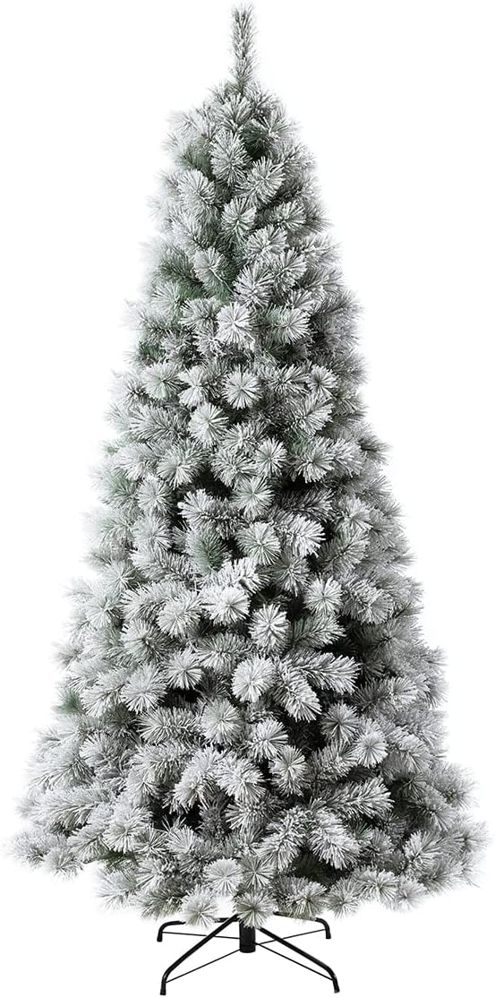 Glitzhome 7.5ft Pre-lit Snow Flocked Artificial Xmas Tree, Large Full-Size Pine Christmas Tree with 650 Warm White Lights Holiday Decoration