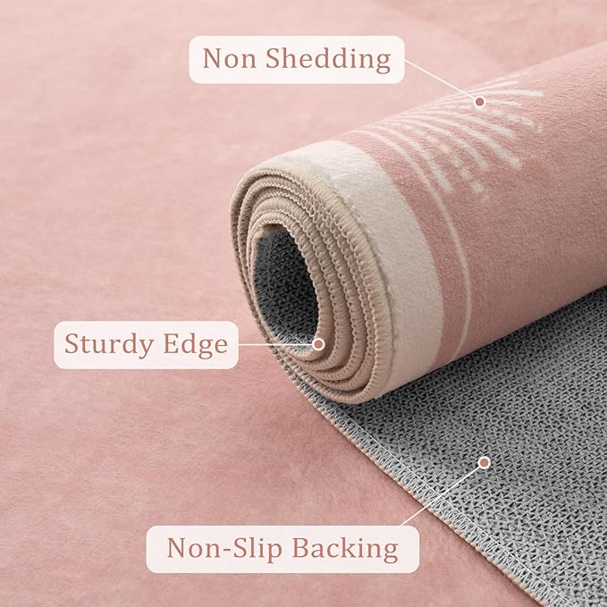 Modern 5x7 Pink Area Rugs for Bedroom Girls, Ultra Thin Washable Nursery Rug for Kids Room, Soft Sun Print Living Room Rug,Boho Non Shedding Floor Carpets for Classroom Dorm(5'x7',Pink)