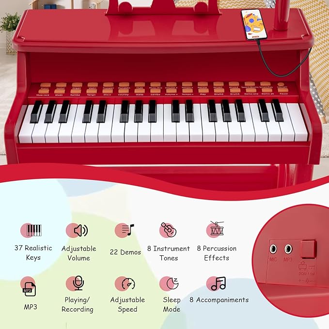 HONEY JOY Kids Piano, 37-Key Red Kids Keyboard Piano w/ Music Stand & Bench, Gift for Babies w/ Microphone, Portable Electronic Educational Musical Instrument, Toddler Piano for Girls Boys