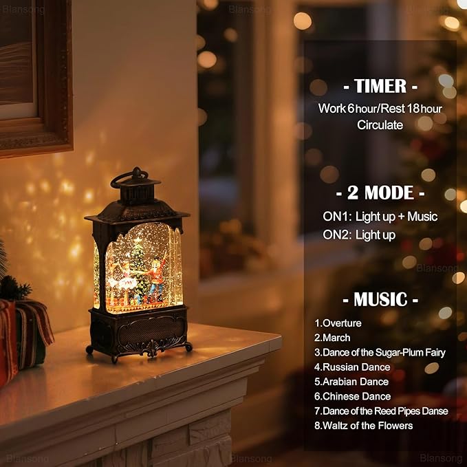 Nutcracker Snow Globe Lantern Christmas Decorations Gifts Auto Snowfall Glitter Music Collection Clara Christmas Tree with 6H Timer USB/Battery Powered 10.2 inch