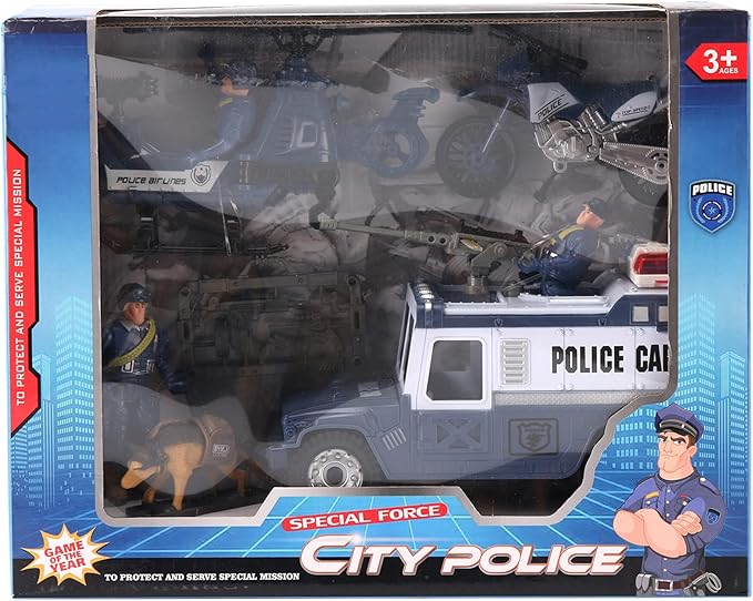 Liberty Imports 8 PCS Police Rescue Patrol Toy Vehicles and Figures Playset - Helicopter, SWAT Truck, Motorcycle, Action Figures, K-9, Weapons, and Accessories for Kids Imaginative Pretend Play