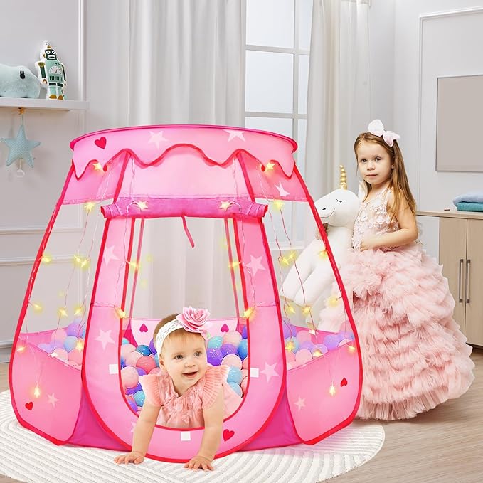 Pop Up Princess Tent with Star Light, Toys for 1 2 3 Year Old Girl Birthday Gift, Ball Pit for Baby 12-18 Month, Foldable Kids Play Tent for Toddler 1-3, One Year Old Girl Toy Indoor Outdoor