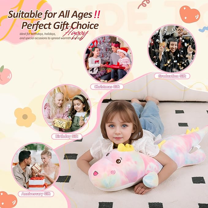 40inch Gaint Dinosaur Plush Stuffed Animals, Soft Rainbow Dinosaur Stuffed Large Pillow Toy, Cute Dinosaur Plushies Gift for Kids Boys Girls Birthday Holiday