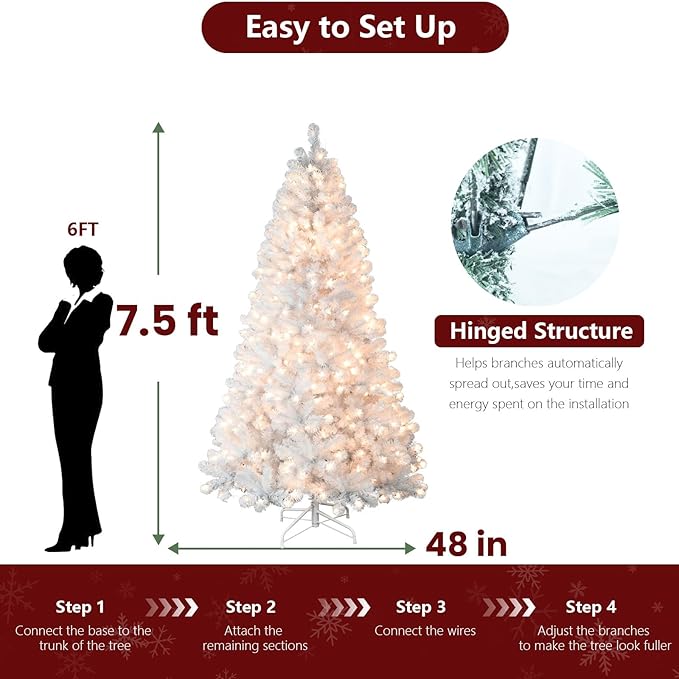 7.5ft Per-Lit White Christmas Tree, Artificial Christmas Tree with 450 Warm White Lights,1240 Branch Tips, Premium Full White Xmas Tree for Easy Holiday Setup, Foldable Metal Base