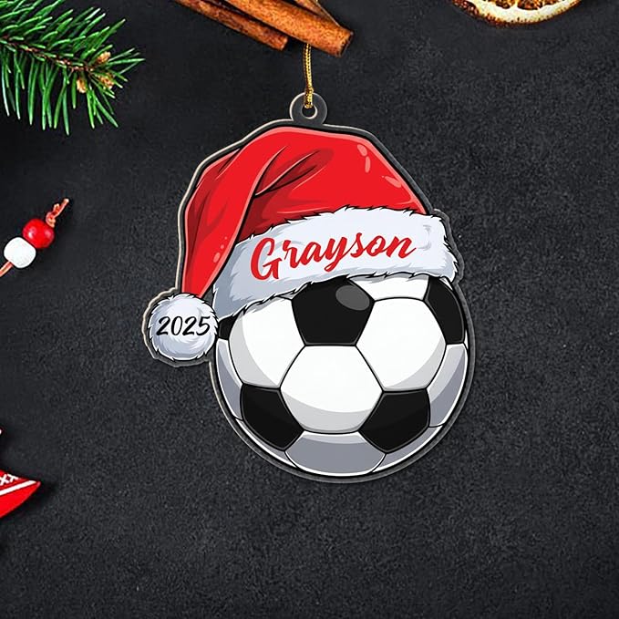 Personalized Soccer Santa Hat Shaped Christmas Ornament 2025, Unique Sport Christmas Tree Ornament Gift for Sport Lovers Player Team Coach, Customized Year& Name Soccer Fans Keepsake Xmas Ornaments