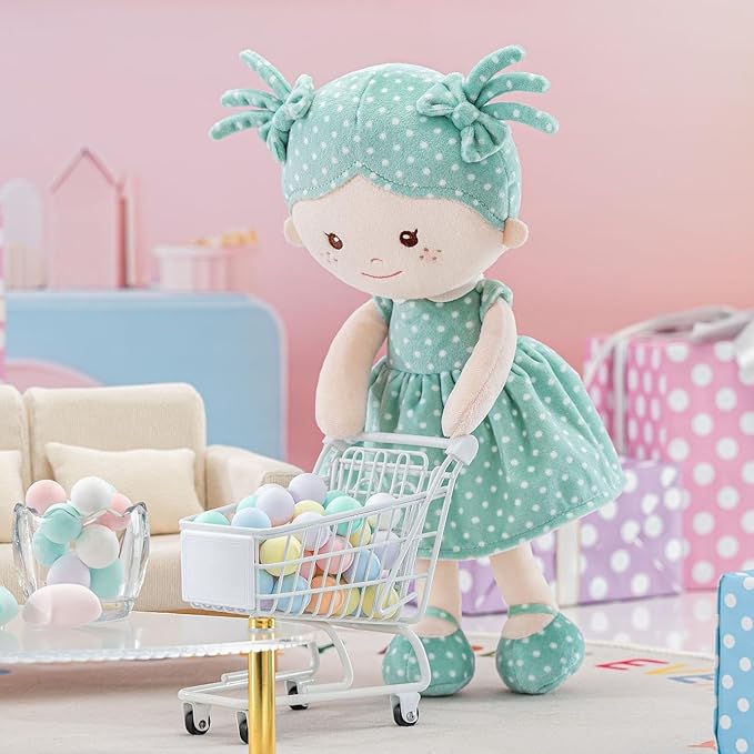 Onetoo Plush Rag Doll My First Baby Doll Soft Baby Doll for Girls Sleeping Cuddle Buddy Doll Wear Green Dress White Polka Dot 14"（Milly Series）