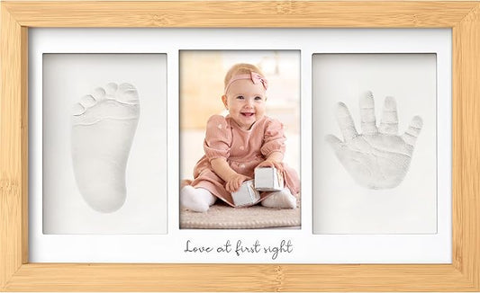 Baby Hand and Footprint Kit - Clay Handprint Keepsake Frame, Newborn Nursery Picture Frame, Personalized New Mom Gifts for Baby Shower & Registry (Bamboo)
