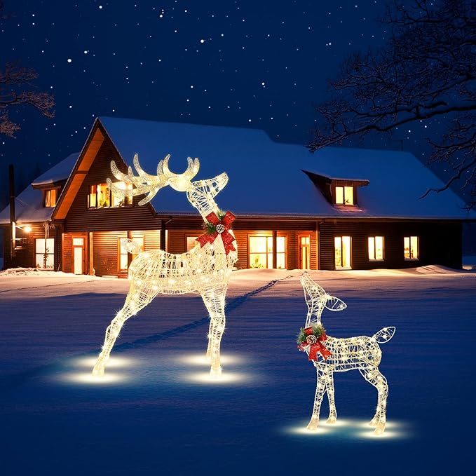 Tangkula Lighted Christmas Reindeer, Outdoor Yard Xmas Decorations with 50 LED Lights, Artificial Christmas Décor with Stakes and Zip Ties, Indoor/Outdoor Festive Holiday Decoration