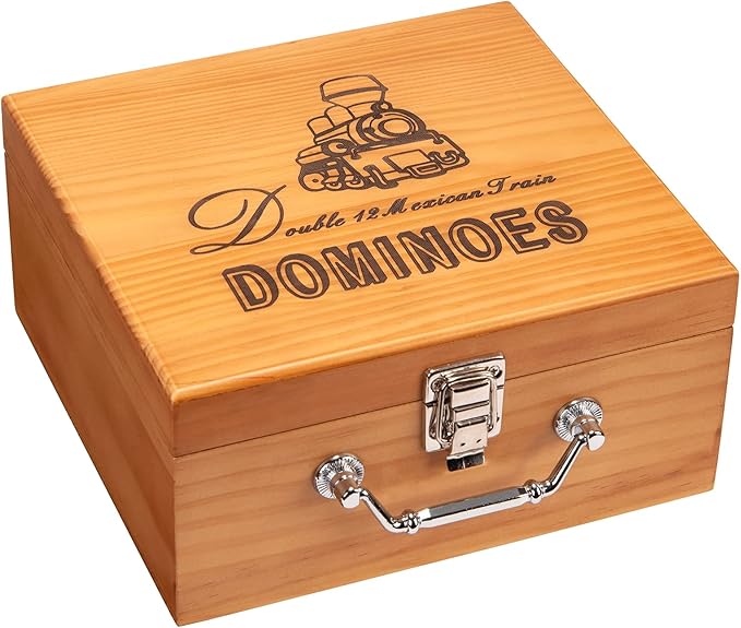 Mexican Train Dominoes Set with Numbers, Double 12 Dominos Game Set with Wooden Case, Full Dominoes Set with 91 Tiles 9 Trains, Scoreboard, Acrylic Game hub