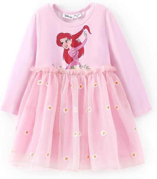 Disney Frozen Elsa Princess Cinderella Ariel Jasmine Rapunzel Baby/Toddler Dress, Ruffle Long-Sleeve Mesh Overlay Tulle Dress
