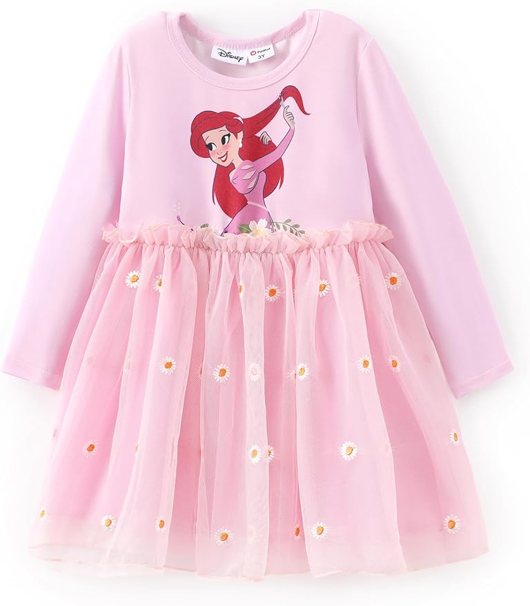Disney Frozen Elsa Princess Cinderella Ariel Jasmine Rapunzel Baby/Toddler Dress, Ruffle Long-Sleeve Mesh Overlay Tulle Dress