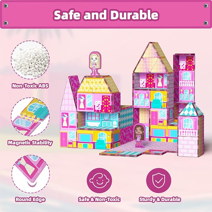 GobiDex Princess Magnetic Doll House Building Toys for Girls 3+, Pink Magnet Tiles for Kids Ages 4-8 STEM Sensory Toys for Toddlers Birthday Gifts for Girls 3+ Year Old
