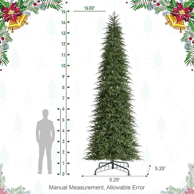 Glitzhome 15ft Prelit Christmas Tree, Hinged Slim Artificial Christmas Tree, Radiant Evergreen Fir with 1500 Warm White/Multi-Color LED Lights,9 Function,w/Remote Control,Easy Assembly