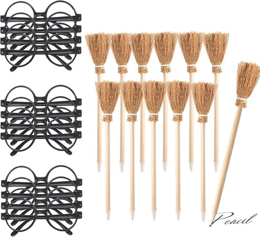Party Supplies Kit - Black Glasses with Round Frame No Lenses,Broom Pencil for School Theme Birthday,Halloween,Cosplay Costume Party Decor,12pcs each