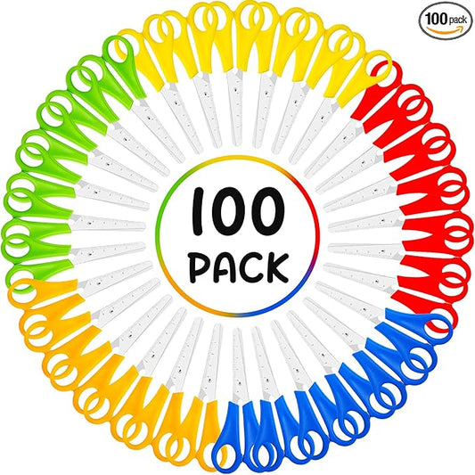 100 Pack Kids Scissors, 5 Inch Blunt Tip, Stainless Steel, Multicolor, Ambidextrous, Modern, Contemporary