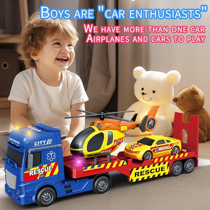 25" Rescue Tow Truck with Racing Car and Helicopter for Toddlers Lights & Sounds Birthday Gift for 3-6 Years Boys and Girls