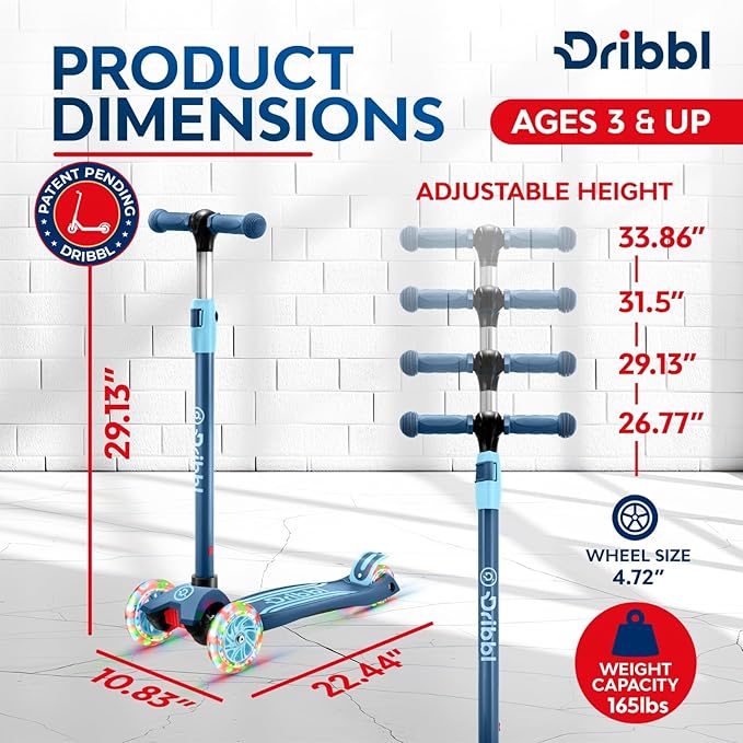 3-Wheel Kids Scooter - Lean-to-Steer Technology, Adjustable Height Handlebar, Wide Anti-Slip Deck, Scooter for Boys & Girls Ages 3+, Child Safety Approved, Support Riders Up to 165 lbs, Blue