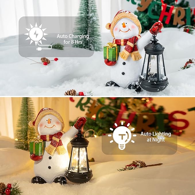 Solar Christmas Snowman Decoration Resin Snowman Outdoor Statue with LED Lantern for Porch Garden Patio Yard Home Decor Christmas Gardening Gifts for Women Mom