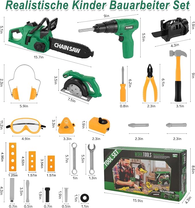 Mathea Kids Tool Set with Electronic Chainsaw Toys & Kid Drill, Realistic Pretend Play Toddler Tool Toys, Construction Drill Toys, Christmas Gifts for Kids Toddler and Boys Age 3 4 5 6 7 8 Years Old