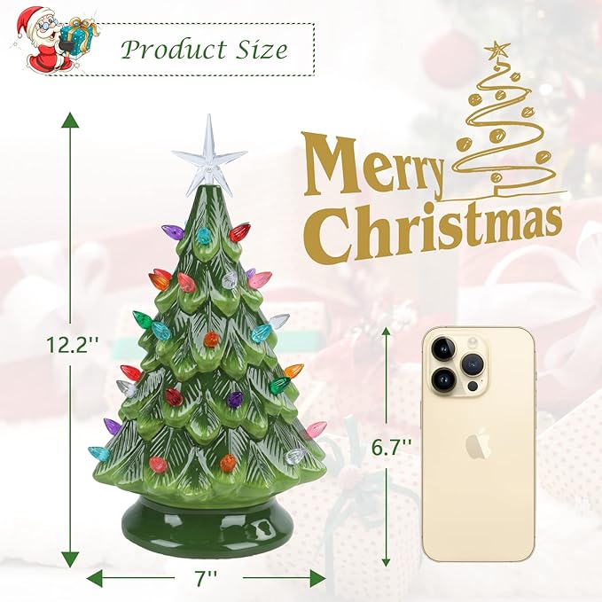 Small Ceramic Christmas Tree Hand-Painted Vintage Tabletop Green Christmas Tree Holiday Decoration with Multi-Color Lights 12.2 inch
