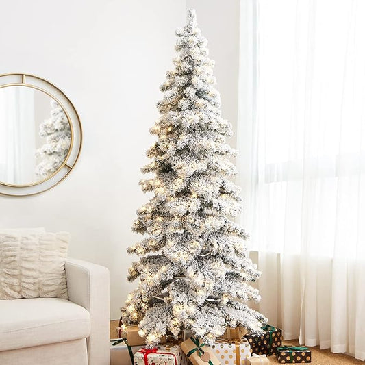 Glitzhome 7.5ft Pre-Lit Flocked Pencil Christmas Tree Artificial Slim Layered Spruce Tree Xmas Tree with 350 Warm White Lights for Holiday Decorations
