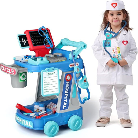 Liberry Doctor Kit for Toddlers Aged 2 3 4 5, Pretend Doctor Playset for Kids with Cart, Costume and Stethoscope, Role Play Medical Toys for Girls Boys (Green)